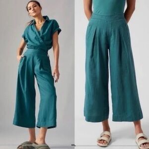 Atheta Playa 100% Linen Wide Leg Cropped Pants in Borealis Green